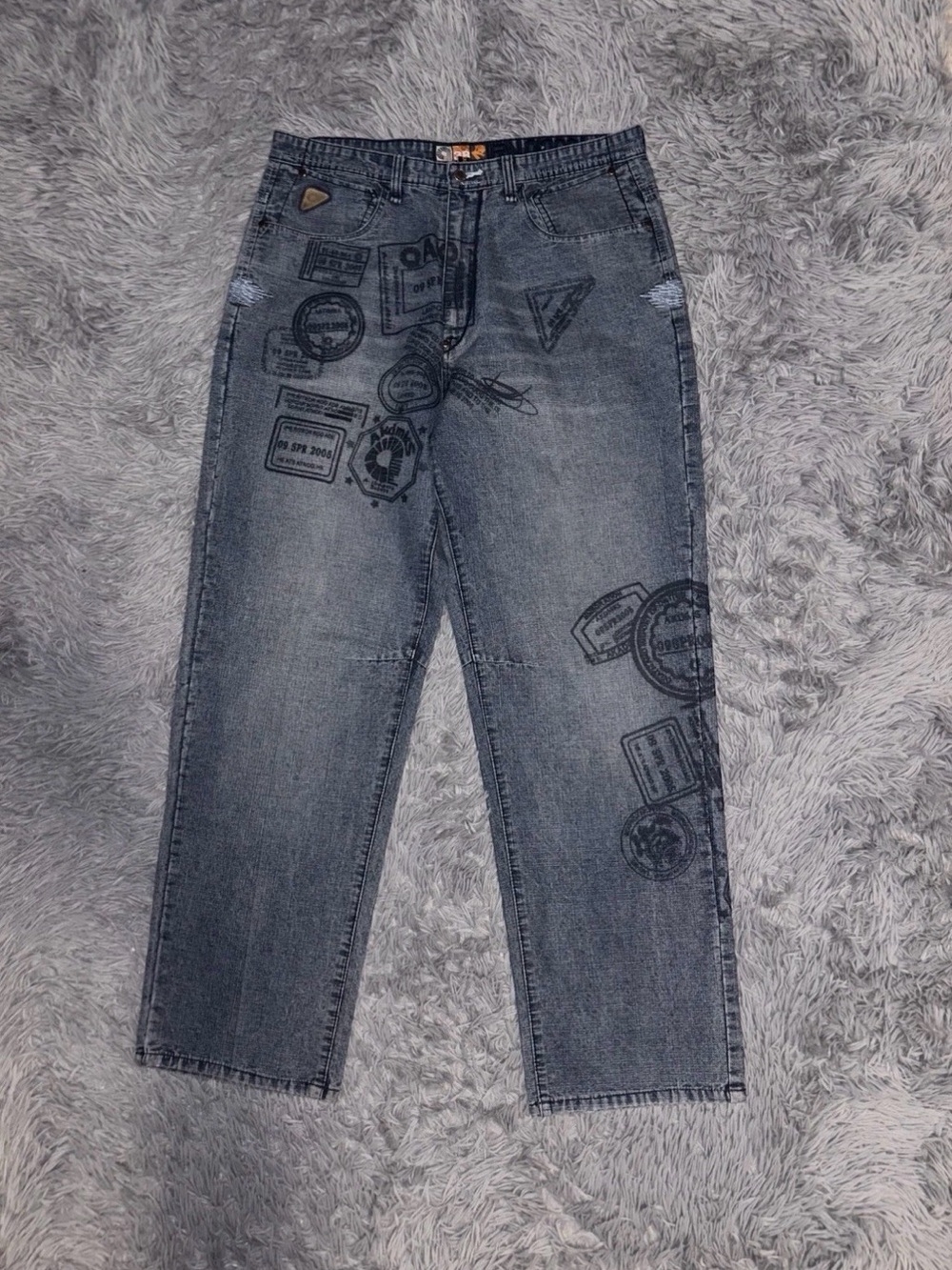 Vintage Akademiks Mens Y2K Blue Jeans Stamp Design W38 Baggy Wide Leg Streetwear